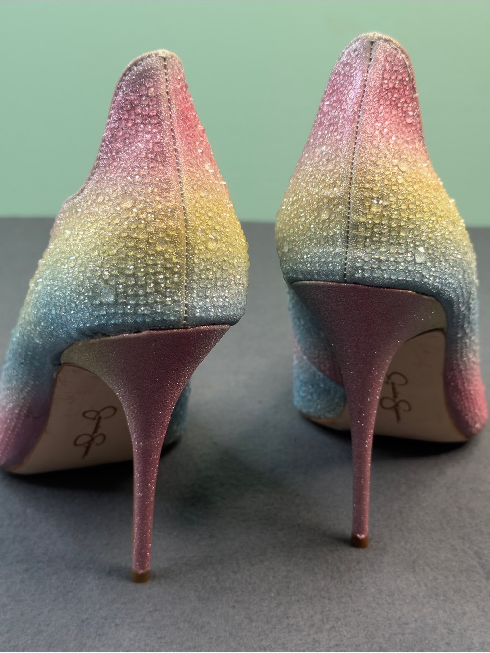 Jessica Simpson Pastel Rainbow Crystal Pointed Toe Pumps - Pink Blue Yellow - Picture 7 of 12